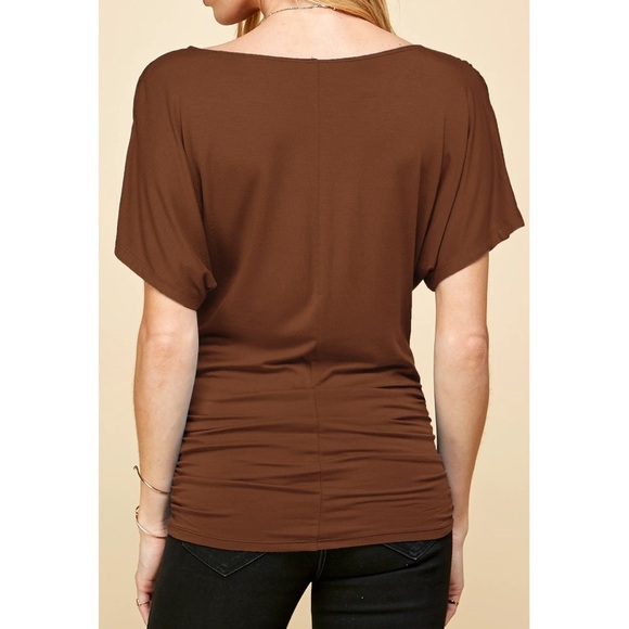 Made By Johnny Brown Wrap V-Neck Top Ruched Sides Dolman Sleeves Size Medium - Picture 2 of 11